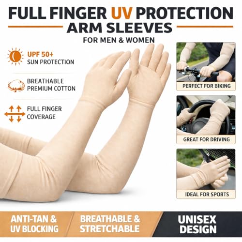 Image of Cotton UV Protection Arm Sleeves - Pack of 2 Beige Full Hand Sleeves with Finger Cover | Soft, Stretchable Sun Protection Gloves for Men & Women | Summer Driving, Biking Essentials