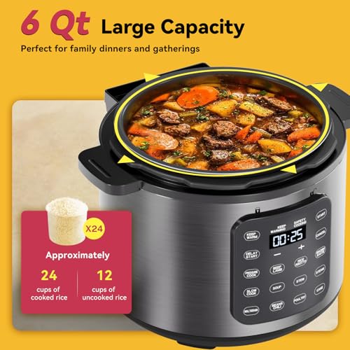 Image of Electric Pressure Cooker 6 Quart Silver, Non-stick Pot, 9-in-1 Instant Pot, 12 Preset Functions with Touchscreen, Safe Steam Release, Stew, Slow Cook, Rice, Saute, Warmer
