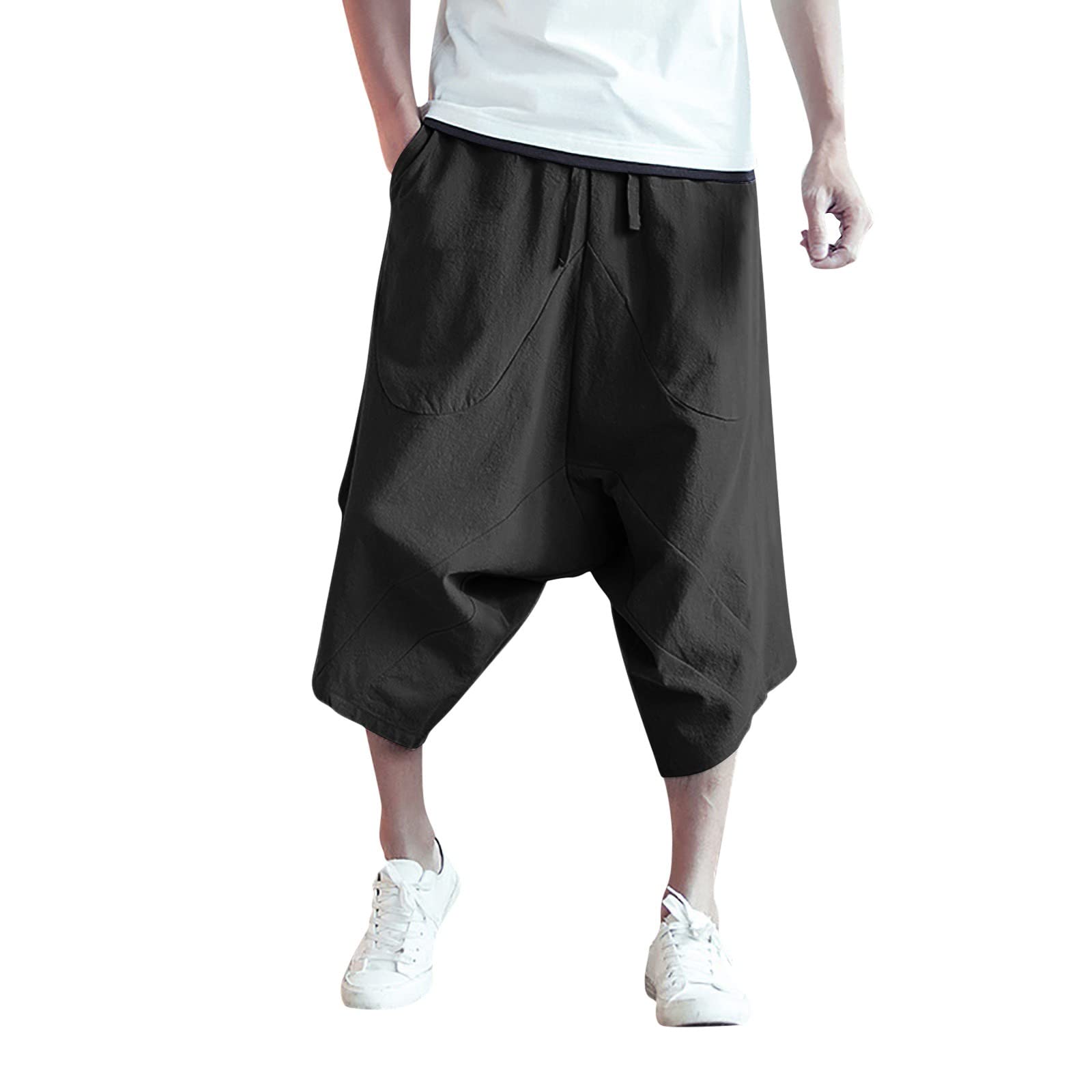 Men's Thai Harem Trousers 3/4 Below Knee Wide Leg Lounge Capri Pants Hippie Casual Drop Crotch Aladdin Pirate Pants Japanese Style Summer Beach Boho Yoga Trousers with Pockets Black