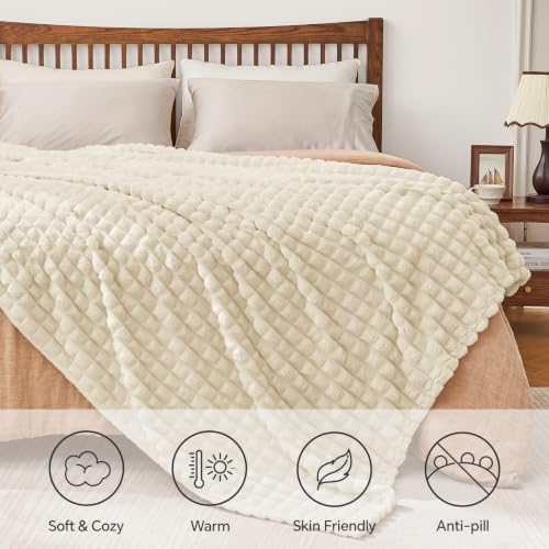 Image of BEDELITE 3D Checked Beige Fleece Throw Blanket for Couch, 50x60 Inches