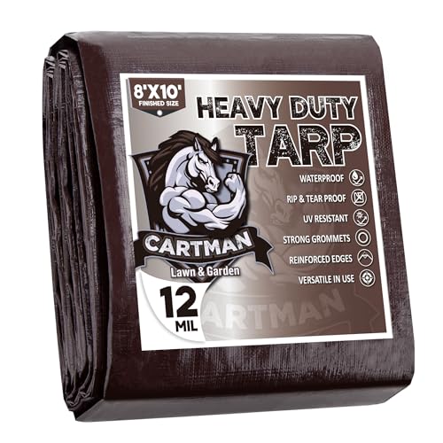 CARTMAN 8x10Ft Heavy Duty Waterproof Poly Tarp Cover 12 Mil, Brown/Black