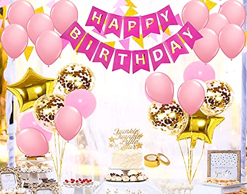 SV Traders Happy Birthday Decoration Pink Theme/Girls Favorite/Princess/Barbie/Frozen/Rainbow Combo Kit Of 40 Pcs-Pink Bunting Banner(13)+Golden Foil Stars 18 Inches(2)+Golden Confetti Balloons(4)+Metallic Pink Balloons(21)