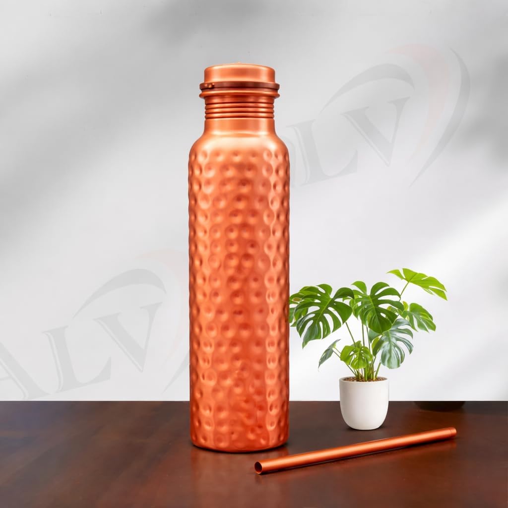 ALV Copper Water Bottle for Drinking 34 Oz Hammered Ayurvedic Pure Copper Water Bottle with Straw Handcrafted Leak-Proof Vessel For Gym,Yoga, Office