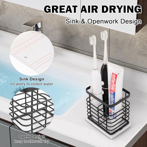 Image of Toothbrush Holder, Luxurious Metal Toothbrush Toothpaste Holder with Marble Base for Bathroom, Multi-Slots Openwork Design, Bathroom Accessory for Storage and Organizer (Small, Matte Black)