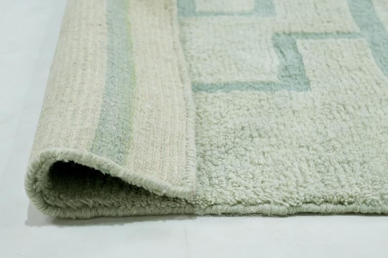 Hand Woven Mint Green Rectangular Wool 38 Pounds Modern Geometric Living Room Rug 8.0x10.0