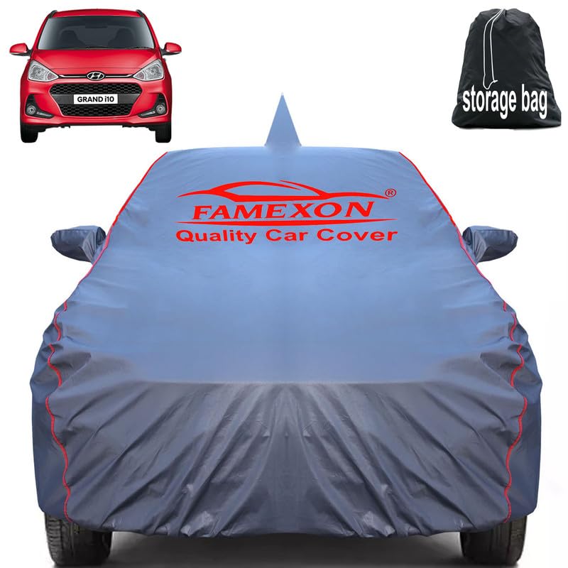 Image of FAMEXON Waterproof Car Body Cover Compatible for Grand I10 with Mirror Pockets, Scratchproof Car Cover Red Pipein Design Dust-Proof Sun Protection (Grey) LGWP6212