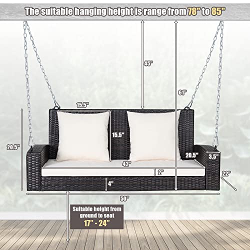 Tangkula 2-Person Wicker Hanging Porch Swing, Patiojoy Outdoor Rattan Swing Bench W/ 2 Back Cushions & 1 Seat Cushion, Sturdy Steel Chain, 800Lbs Weight Capacity, Suitable For Deck, Backyard, Garden #TOP4
