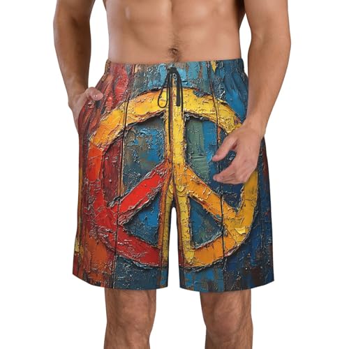 Men Swim Trunks Beach Shorts Swimwear Summer Bathing Suits - Rainbow Peace Love Sign