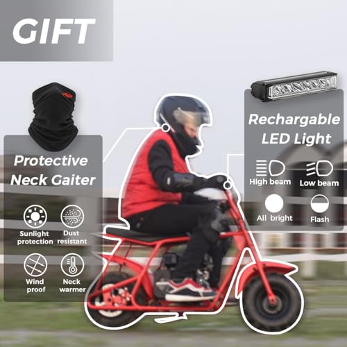 FRP GMB100 Mini Bike, 99 CC 4 Stroke for Adults, 3 HP Gas Powered Dirt Bike, Off Road Motorcycle With LED Headlight and Neck Gaiter, Up to 24 Mph, Weight Support Up to 185 LBS (RED)