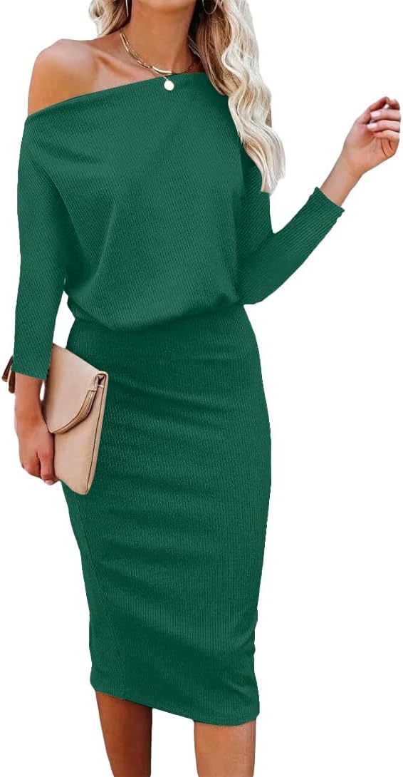 oten 2025 Women's Off Shoulder Bodycon Dress Batwing 3/4 Sleeve Ribbed Cocktail Wedding Guest Party Midi Dress