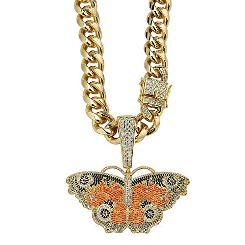 Moca Jewelry Iced Out Big Buckle Big Butterfly Solid Pendant 18K Gold Plated Bling CZ Simulated Diamond Hip Hop Necklace for Men Women (Style C)