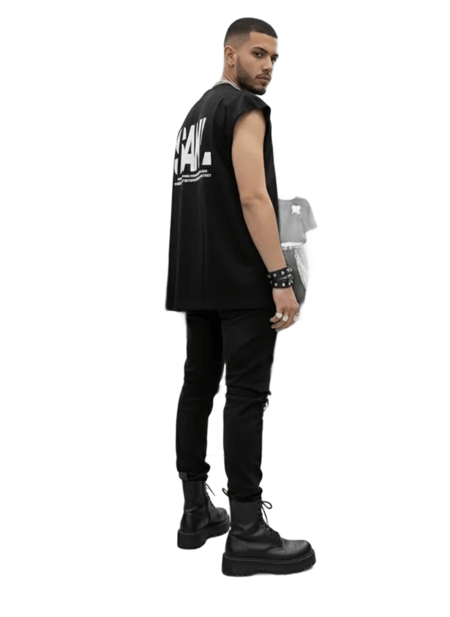 Black Cotton Terry Minimal Style Vest For Men-image-44