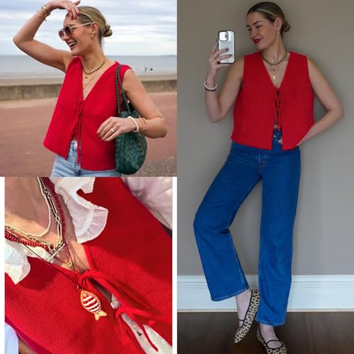 Womens Tie Sweater Vest Trendy V Neck Crochet Sleeveless Cardigan y2k Open Front Knit Tank Tops4