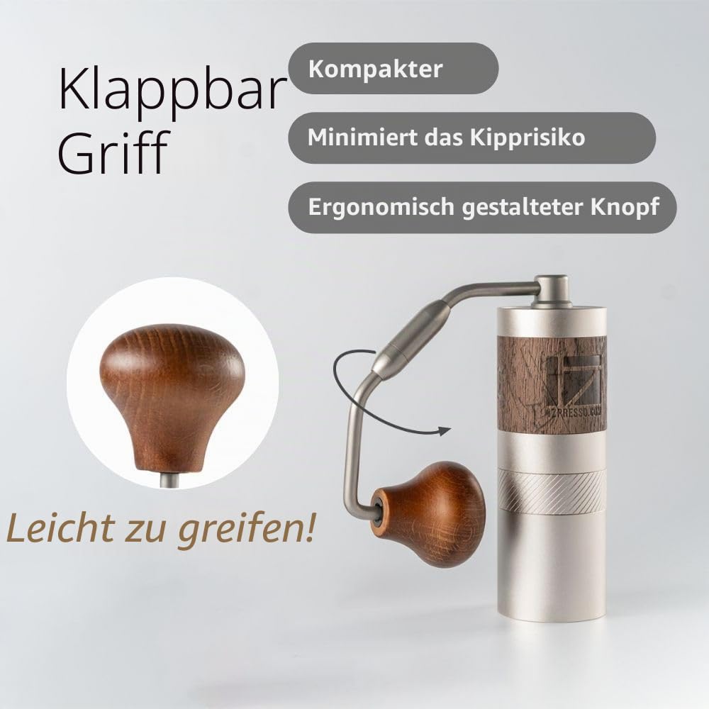 1Zpresso Q Manuelle Kaffeemühle Heptagonal Version, faltbarer Griff, Mini Slim Travel Größe Passt in den Kolben, Montage Edelstahl konischer Grat, Numerisch einstellbare Einstellung