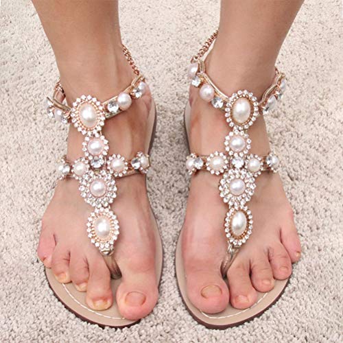 Image of Women's Rhinestone Flat Sandals, Women Flip Flops with Clip Toe RingBeadeed Rhinestone Crystal Jeweled Sandal Shoes for Summer Beach Oceanside Holiday Outdoor