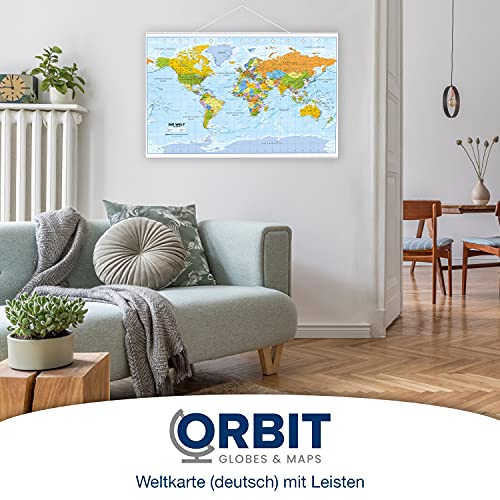 ORBIT Globes & Maps - Politische Weltkarte in deutsch als Poster mit Leisten, Karte der Welt, ca. 88x58cm, Aktuell 2025, Maßstab 1:46.400.000 Mio.