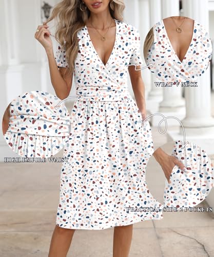 Image of NILOUFO Women's Summer Short Sleeve Casual Dress Wrap V Neck Party Midi Dresses with Pockets