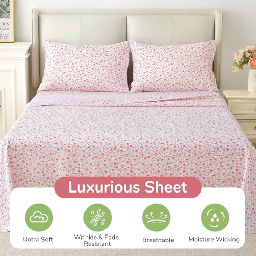 Image of MUXHOMO Queen Size 4 Piece Sheet Set, Soft Breathable Bed Sheet Set for Bedroom with Deep Pocket Up to 16 inch, Wrinkle-Free & Cooling Bedding for Oeko-TEX Certified - Rose Bloom