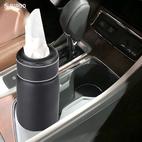 Image of SIAGO SIA135 PU Leather Car Tissue Paper Holder - Cylinder Design, Fits Cup Holder, Ideal for Car, Van, Home & Office (Black)