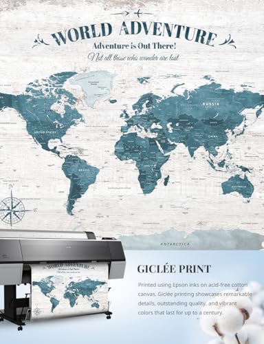 Image of IPIC - Vintage Teal World Map Canvas Wall Art, Push Pin World Map to Track Your Travels, Rustic Style Wall Decor for Home, Office, Living Room or RV, Ready to Hang, Made in USA
