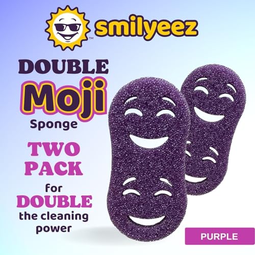 Image of Smilyeez Double-Size Scrub Moji Sponge 2-Pack - Dual Smiling Faces, Temperature-Responsive Scrubber - Scratch-Free, Odor & Stain Resistant - Purple