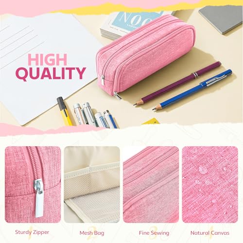 Image of Large Capacity Pencil Case Pencil Pouch Pen Bag with 3 Compartment Stationery Organizer with Zipper, School Supplies Organizer for Teen Adults (Pink)