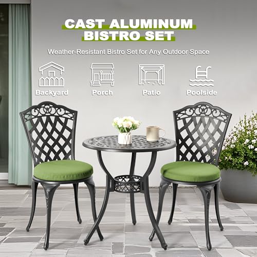 Image of NUU GARDEN 3-Piece Cast Aluminum Patio Bistro Set, Outdoor Table and Chairs Set of 2 with Umbrella Hole and Green Cushions for Patio, Balcony, Garden, Black