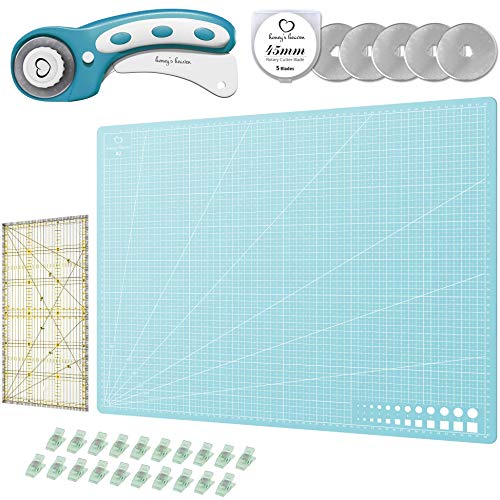 Honey's Heaven 45 mm Rollschneider Stoffschneider Set inkl. Schneideunterlage, Ersatzklingen, Stoffklammern, Patchwork-Lineal (Türkis/Mint, Schneidematte im A2-Format)