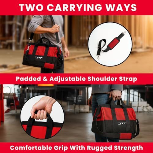 Image of JPT 18-Inch Heavy Duty Tool Bag, Wide Mouth Tool Storage Bag with Interior Pockets, Large Capacity Tool Tote Bag for Electricians, Power Tools Organizer Red /Black