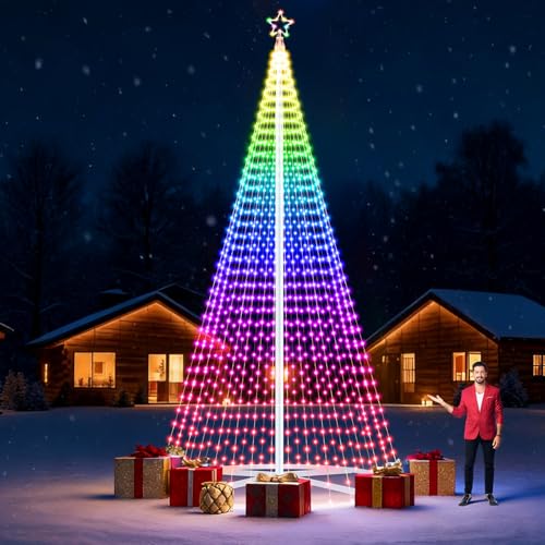 Riakrum 20ft-3199 LED Flagpole Christmas Tree Lights Outdoor Decorations with Star Topper, 8 Lighting Modes Pre-lit LED Flagpole Christmas Lights Multicolor, Outside Yard Holiday Display