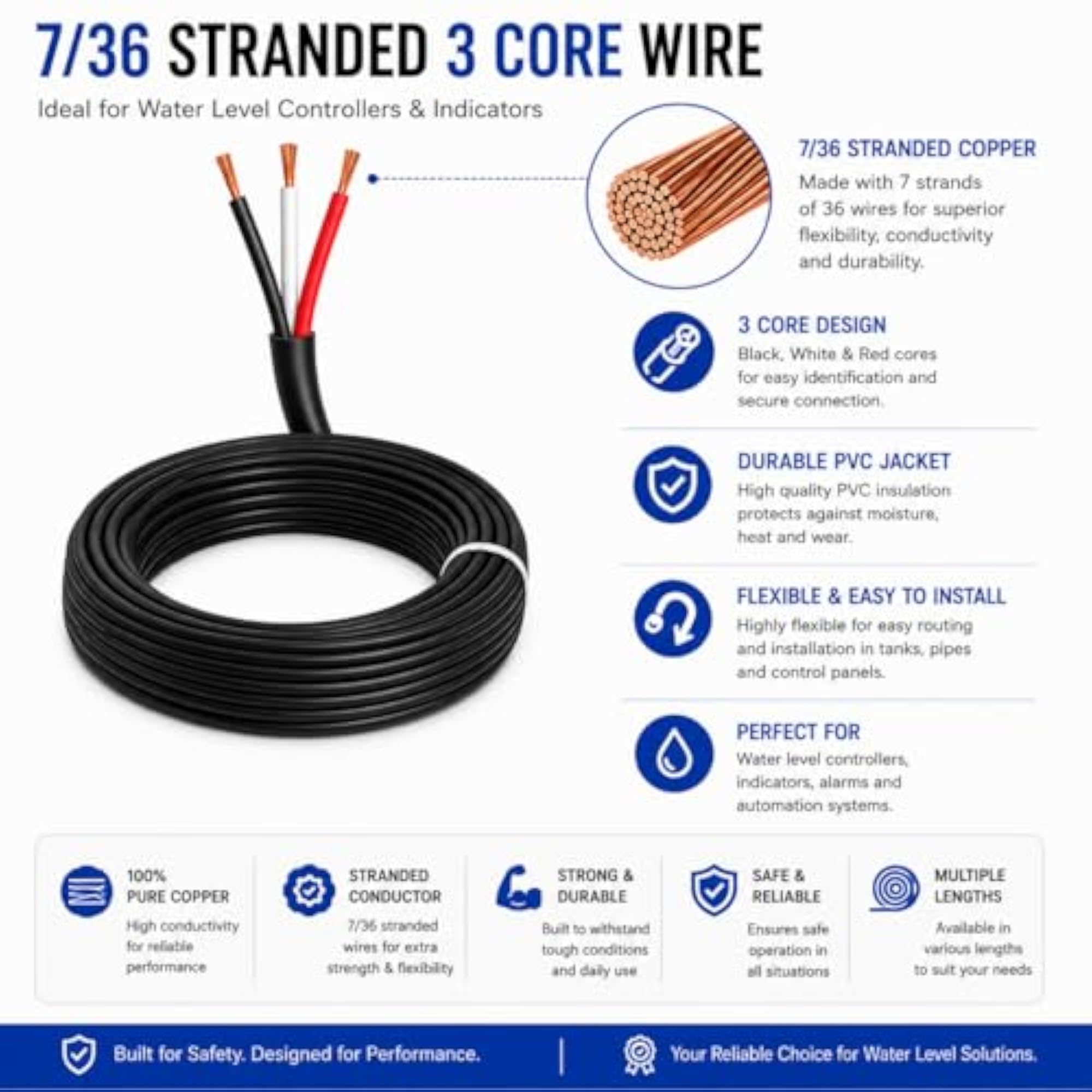 3 Core Wire for Water Level Controller & Indicator, 30 MTR