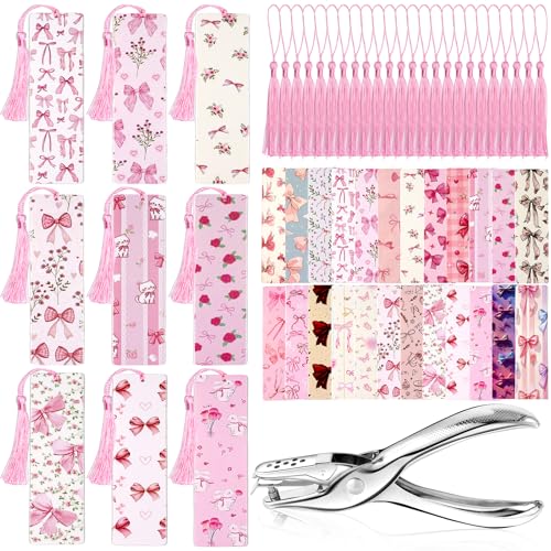 24Set Cute Bookmarks for Reading Women Aesthetic Girly Bookmarks Pretty Pink Bow Book Marks Bulk DIY Bookmark Bookish Page Markers Making Kit Coquette Reading Accessories Stuff Gifts for Girls
