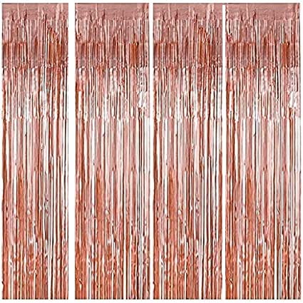 Attache 3 ft X 6 ft Metallic Tinsel Foil Fringe Curtains for Birthday Wedding Engagement Bridal Shower Baby Shower Bachelorette Holiday Celebration Party Decorations (Pack of 4, Rose Gold)