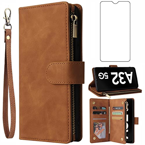 Asuwish Compatible with Samsung Galaxy A32 5G Wallet Case Tempered Glass Screen Protector and Leather Flip Cover Card Holder Stand Cell Phone Cases for Glaxay A32S A 32 Gaxaly 32A S32 Women Men Brown