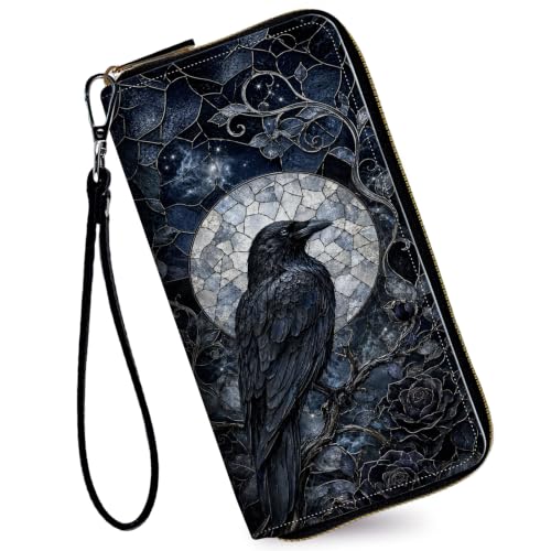 Image of Women's Wallets Credit Card Holder Money Leather Long Wallet | Long wallet with Wristlet,Large Capacity with Zip-Around Phone Purse for Women Ladies Girls,Crow Moon