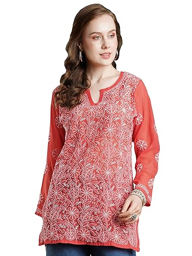 Image of Ada Women's Georgette Regular Fit Chikankari Hand Embroidered Lucknow Short Kurti Top A911224