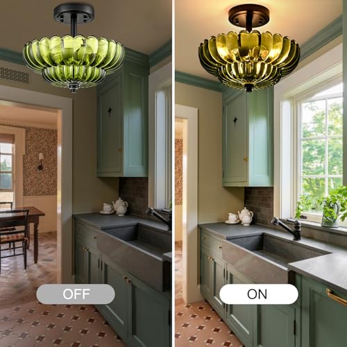 Image of Modern Green Glass Scalloped 3-Light Flush Mount Ceiling Light Black Base | Vintage Ceiling Lights, Close to Ceiling Light, Semi Flush Mount Ceiling Light for Hallway Bedroom Entryway Kitchen