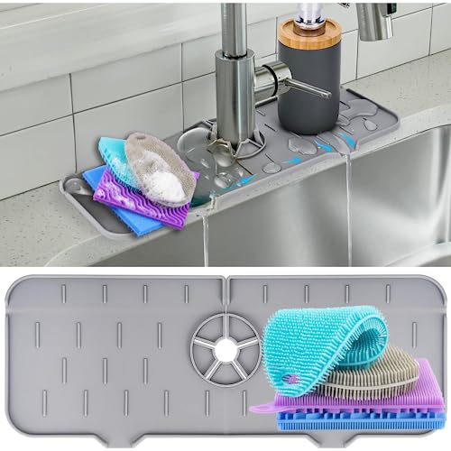 Image of Faucet Mat for Sink - Silicone Scrubber Dish Set, Splash Guard, Food Grade BPA Free Kitchen Scrubber