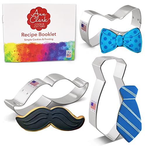 Ann Clark Cookie Cutters Little Man Father's Day Cookie Cutters 3-Pc Set, Made in USA, Bow Tie, Mustache, Necktie