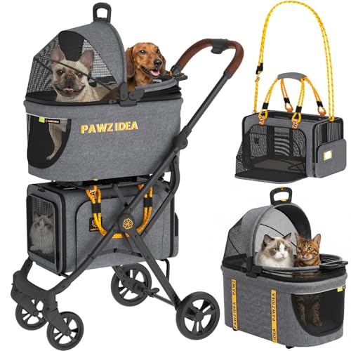 PAWZIDEA Double Pet Stroller with 2 Detachable Carrier, Lightweight Portable Travel Crate & Car Seat Combo & TSA-Approved Expandable Carrier, Foldable Jogger Stroller for 2–4 Cats or Small/Medium Dogs