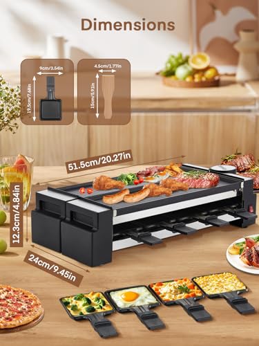 FOHERE Raclette Grill, Drehbarer Raclette 8 Personen mit Antihaftbeschichteter Backplatte und 8 Käseplatten, 1400 W, Edelstahl matt, ideal für Zuhause und Partys