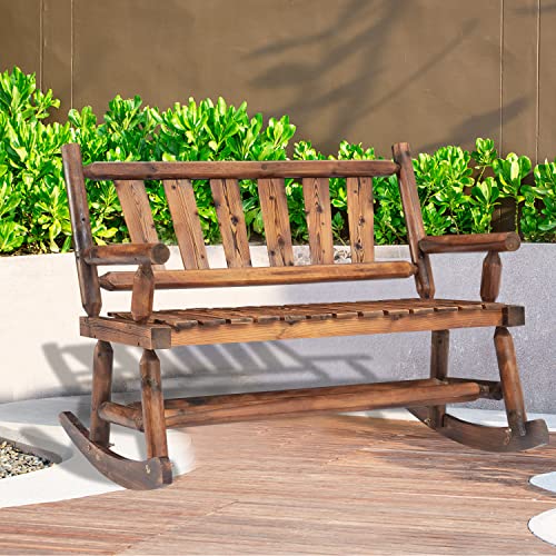 outdoor rustic bench - Wooden Rocking Chair with 2 Seat, Double Rocker Bench Rustic Rocking Chairs Wood Porch Rocker for Patio, Outdoor