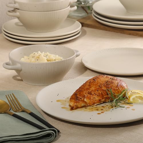 Image of Gibson Elite Clover Hill 12-Piece Stoneware Dinnerware Set - White Cream Embossed Plates and Bowls with Matte Speckled Reactive Glaze, Service for 4 - Microwave & Dishwasher Safe