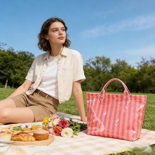 Bolso tote grande a rayas con asa superior de PVC brillante miniatura 2