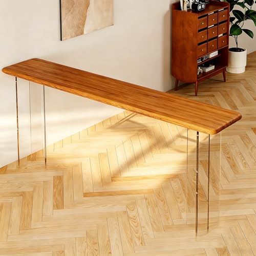 CMYAOYC Mesa de Bar Moderna de Altura Estándar, Mesa de Mostrador Estrecha de Madera Maciza con Patas Transparentes de Acrílico para Interior y Exterior(140cm)