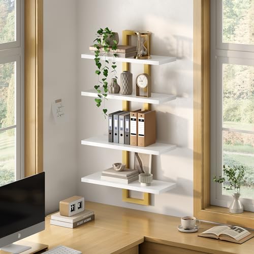 Image of HOOBRO Floating Shelves, 15 Inch Wall Shelf Set of 2, Wall Mounted Storage Shelves 2-Tier, Hanging Bathroom Shelves, for Living Room, Bedroom, Bathroom, Kitchen, White and Gold DW32BJ01