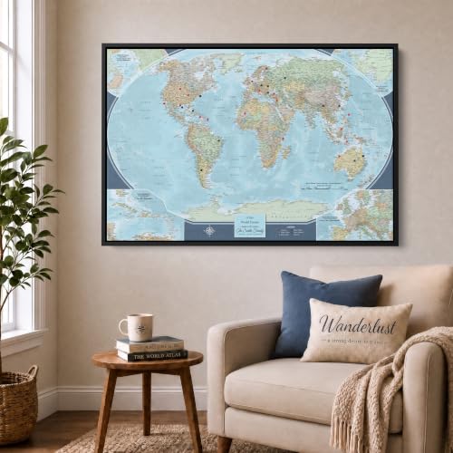 Image of Signature World Map with Pins - Personalized Travel Canvas - Detailed World Wall Art - Black Float Frame - 24 inch x 36 inch