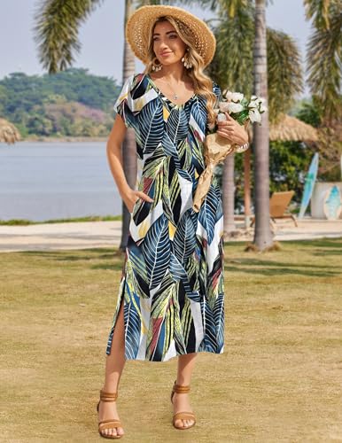 Image of Zeagoo Women Summer Floral Dress Short Sleeve Beach Dress with Pockets Casual V-Neck Split Long T-Shirt Dress Travel Vacation