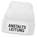 MoonWorks® Damen Beanie Patch Bedruckt Lustig Anstaltsleitung Strickmütze mit Spruch Ironie Damenmütze Weiss Unisize
