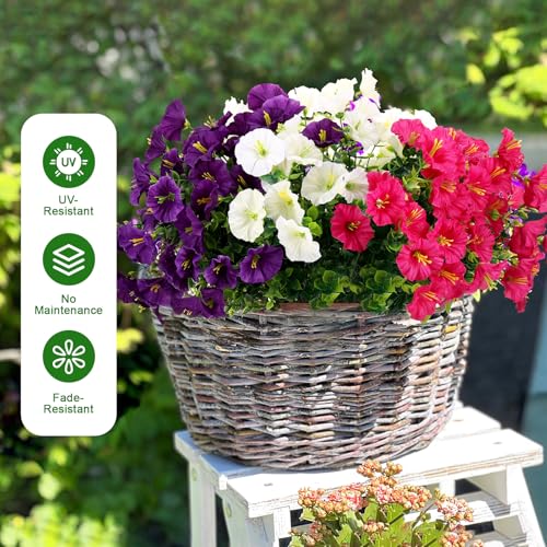 9 Bundles Artificial Flowers for Outdoors, UV Resistant Artificial Outdoor Plants Fake Flowers Outside – Realistic Faux Petunias Silk Flowers for Garden Porch Balcony Indoor Decor